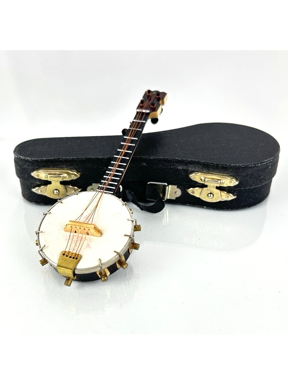Miniature Wooden Banjo in Case Dollhouse Handmade Musical Instrument 5.5"